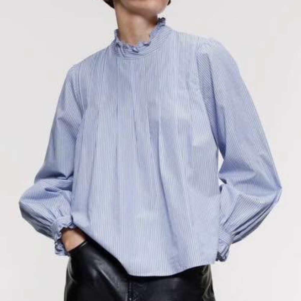 Zara Light Blue white black Striped Ruffle Blouse puff sleeve cuffed chic